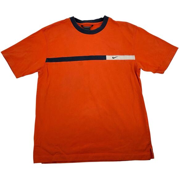 Vintage y2k Men's Orange Navy Blue Embroidered Nike Mini Swoosh T Shirt Sz M - Picture 1 of 6